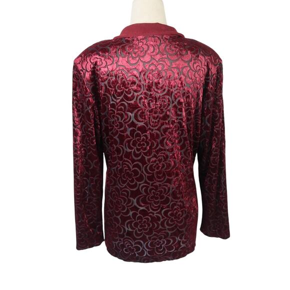 Vintage 90s New Ruby Burgundy Red Floral Velvet Faux Suede Blouse Top XL - Picture 4 of 6